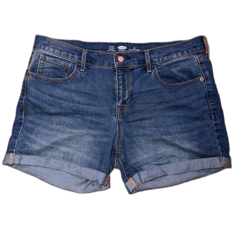 Old Navy Womens Fitted Stretch Cuff Hem Dark Denim Blue Jean Shorts 90s Preppy